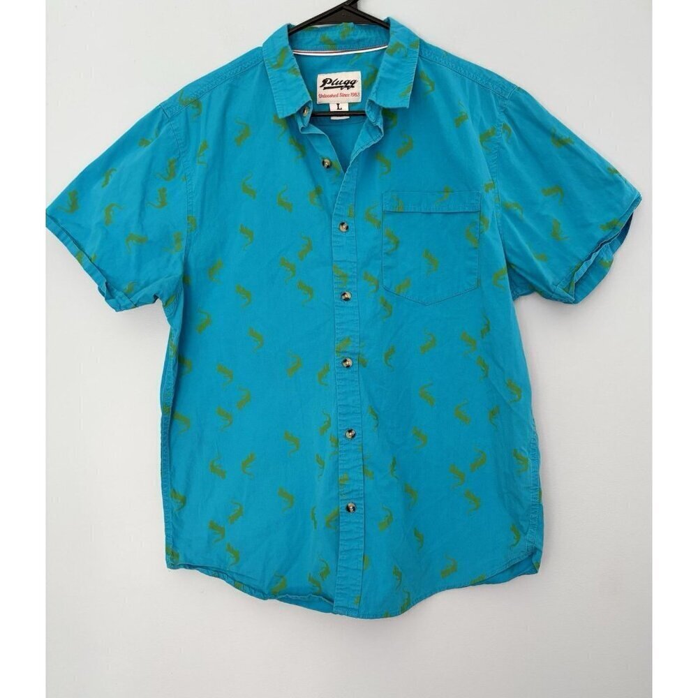 Vintage PLUGG Mens Lizard Gecko Print Casual Button Down/Up Shirt Size Large